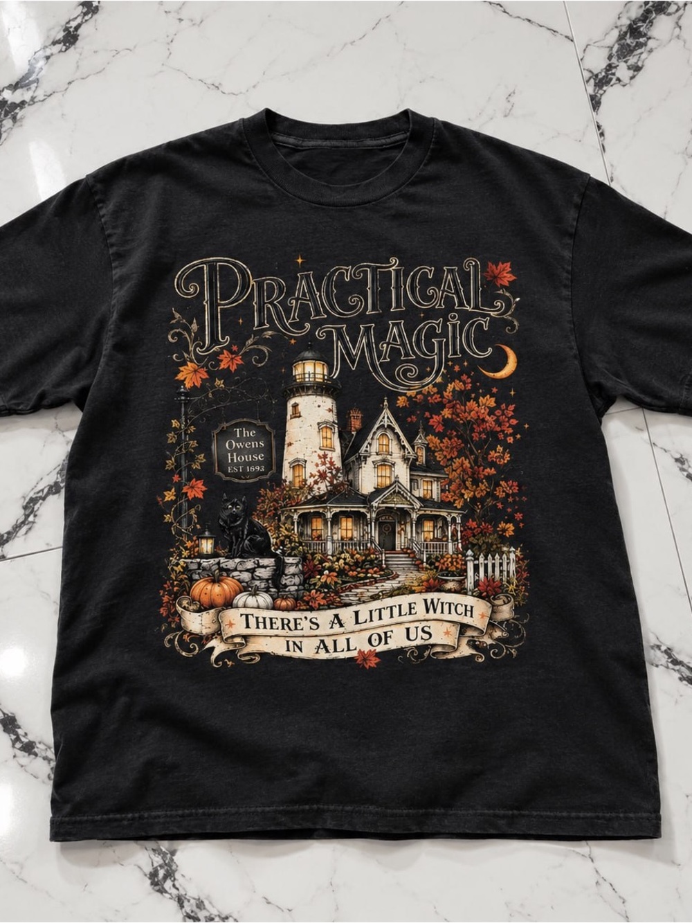 Practical Magic Graphic Tee Goldman Black with Autumn Print